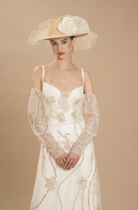 Straw Hat with Birdcage veil & Flowers